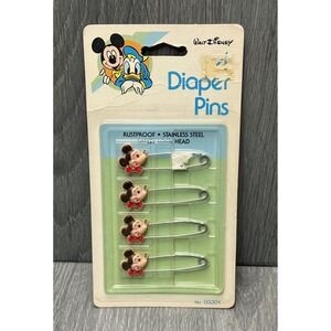 Vintage Walt Disney Mickey Mouse Diaper Pins Rustproof Stainless Steel 4-Pack